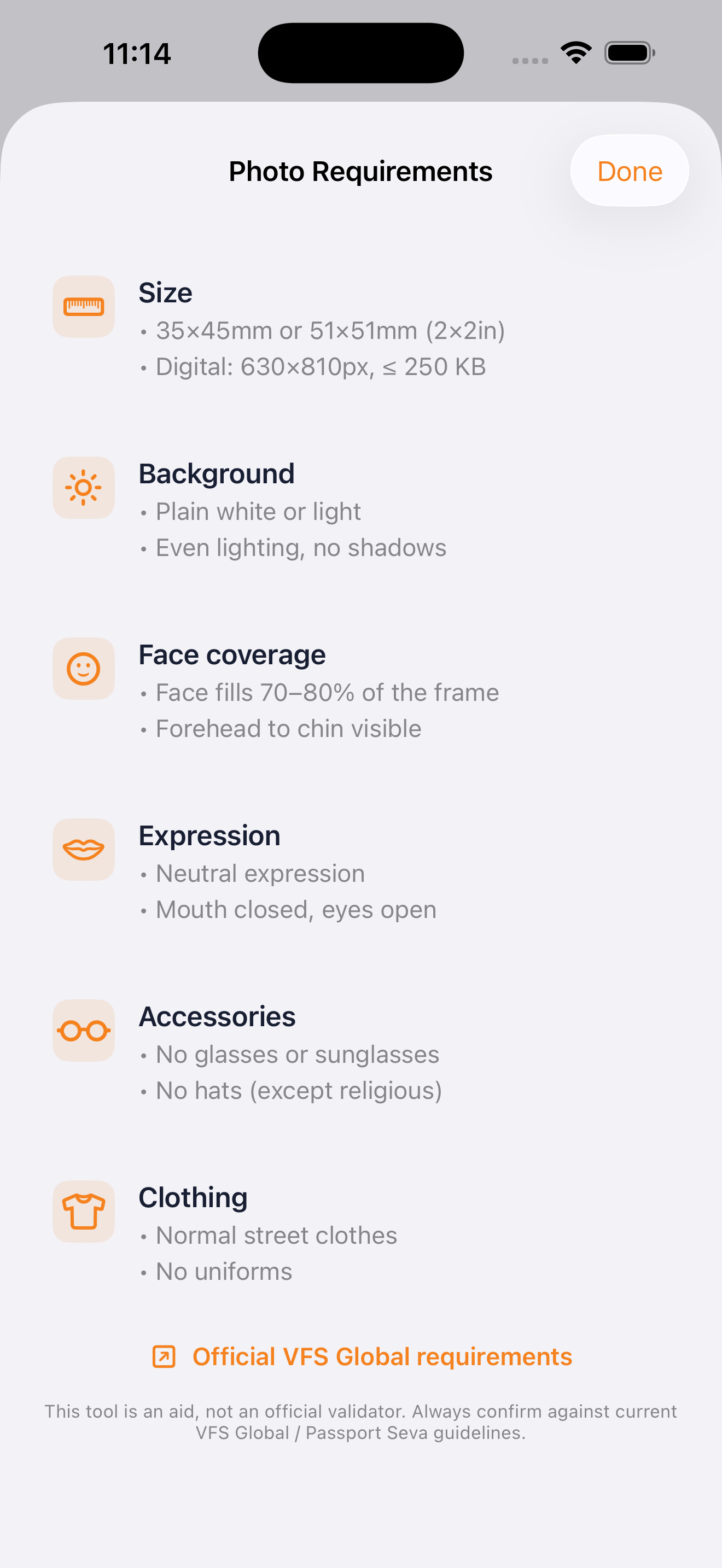Photo requirements screen